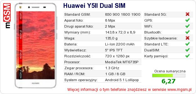 Dane telefonu Huawei Y5II Dual SIM Dane telefonu Huawei Y5II Dual SIM