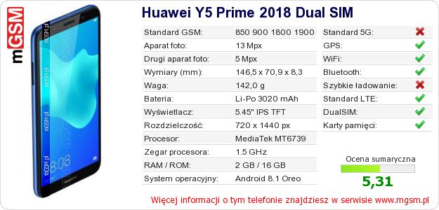 Dane telefonu Huawei Y5 Prime 2018 Dual SIM
