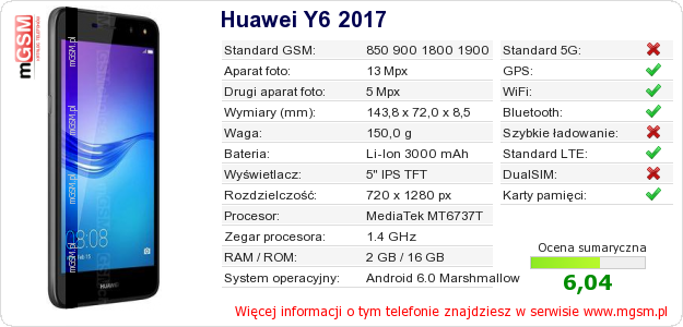 Dane telefonu Huawei Y6 2017 Dane telefonu Huawei Y6 2017