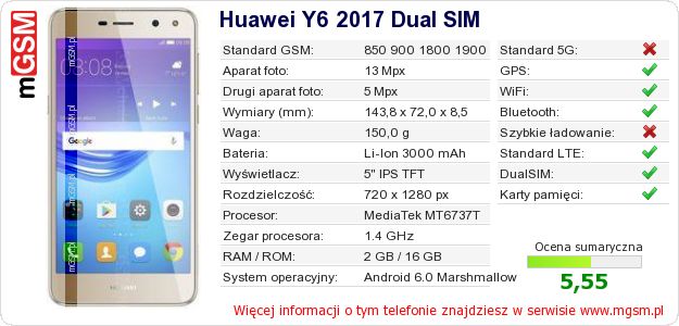 Dane telefonu Huawei Y6 2017 Dual SIM