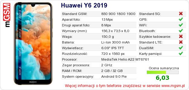 Dane telefonu Huawei Y6 2019 Dane telefonu Huawei Y6 2019