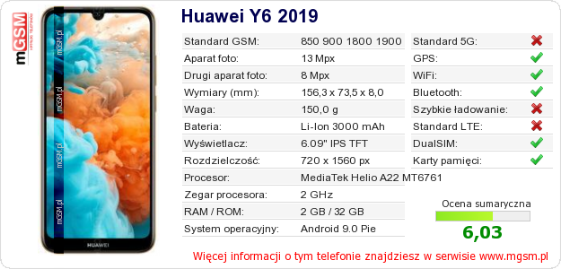 Dane telefonu Huawei Y6 2019