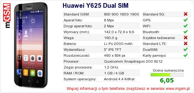 Dane telefonu Huawei Y625 Dual SIM