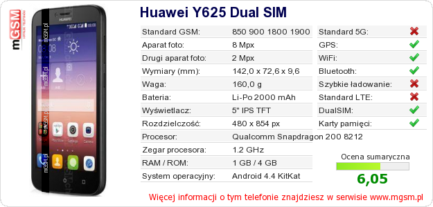 Dane telefonu Huawei Y625 Dual SIM