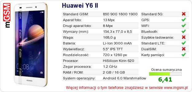 Dane telefonu Huawei Y6 II Dane telefonu Huawei Y6 II