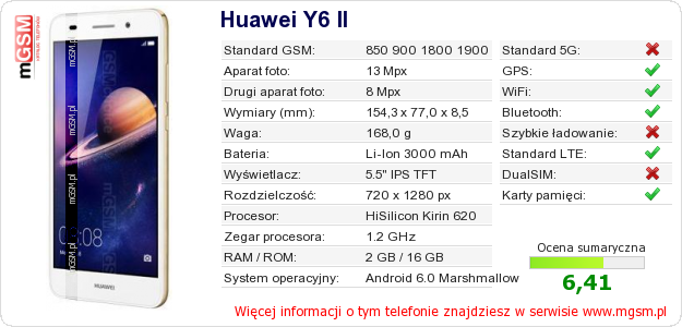 Dane telefonu Huawei Y6 II