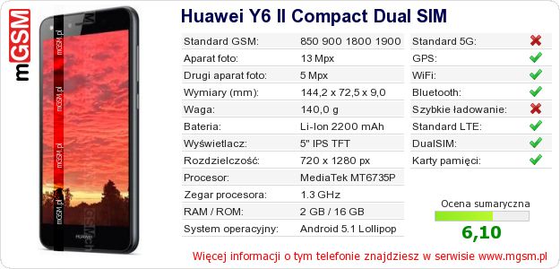 Dane telefonu Huawei Y6 II Compact Dual SIM