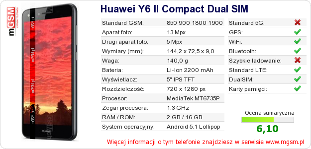 Dane telefonu Huawei Y6 II Compact Dual SIM