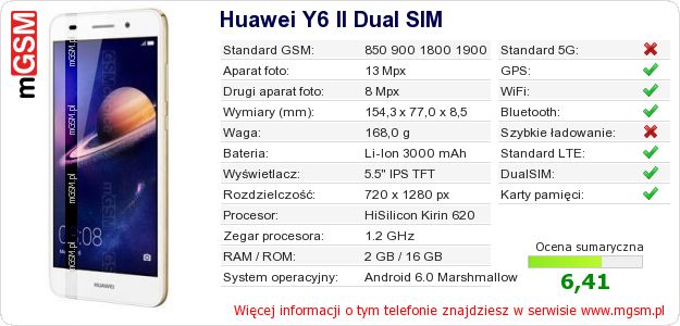 Dane telefonu Huawei Y6 II Dual SIM Dane telefonu Huawei Y6 II Dual SIM
