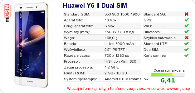 Dane telefonu Huawei Y6 II Dual SIM