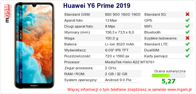 Dane telefonu Huawei Y6 Prime 2019