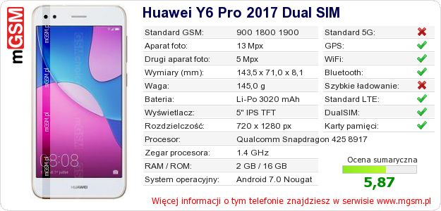 Dane telefonu Huawei Y6 Pro 2017 Dual SIM Dane telefonu Huawei Y6 Pro 2017 Dual SIM