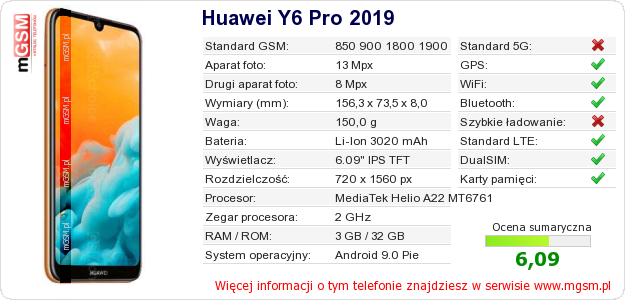 Dane telefonu Huawei Y6 Pro 2019
