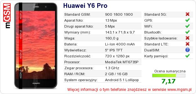 Dane telefonu Huawei Y6 Pro Dane telefonu Huawei Y6 Pro