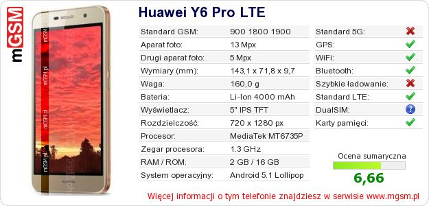 Dane telefonu Huawei Y6 Pro LTE Dane telefonu Huawei Y6 Pro LTE
