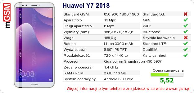 Dane telefonu Huawei Y7 2018