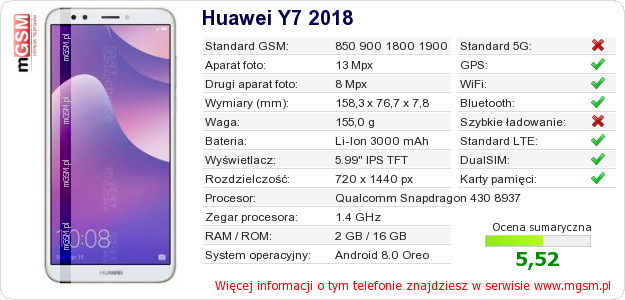 Dane telefonu Huawei Y7 2018
