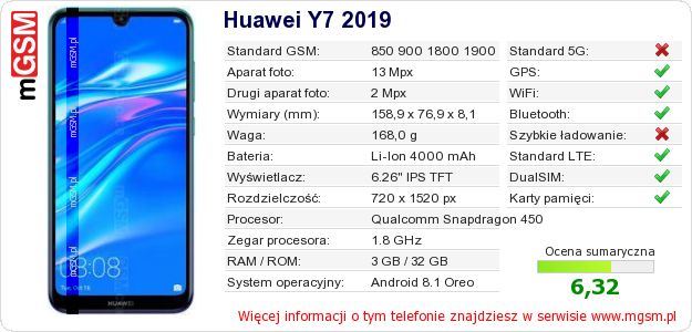 Dane telefonu Huawei Y7 2019 Dane telefonu Huawei Y7 2019