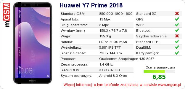 Dane telefonu Huawei Y7 Prime 2018
