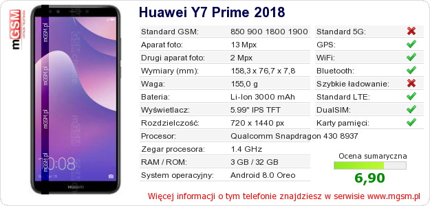 Dane telefonu Huawei Y7 Prime 2018
