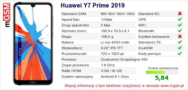 Dane telefonu Huawei Y7 Prime 2019