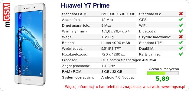 Dane telefonu Huawei Y7 Prime