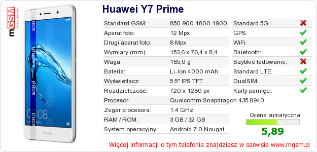 Dane telefonu Huawei Y7 Prime