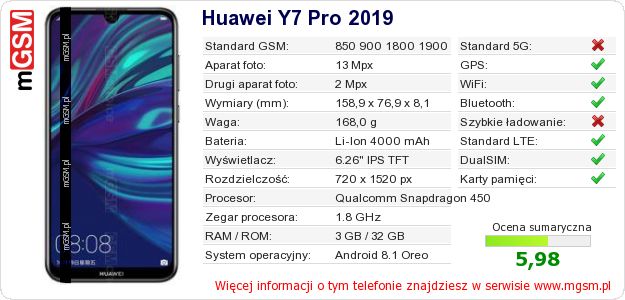 Dane telefonu Huawei Y7 Pro 2019