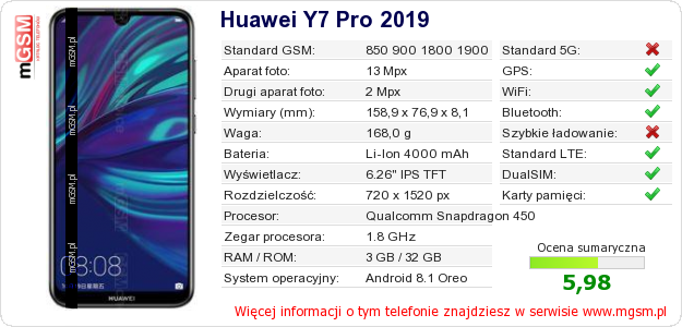 Dane telefonu Huawei Y7 Pro 2019
