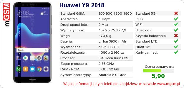 Dane telefonu Huawei Y9 2018