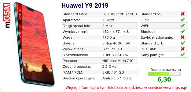 Dane telefonu Huawei Y9 2019 Dane telefonu Huawei Y9 2019
