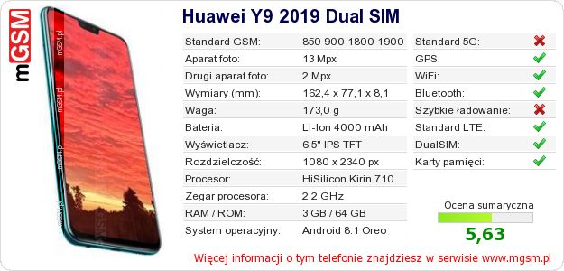 Dane telefonu Huawei Y9 2019 Dual SIM