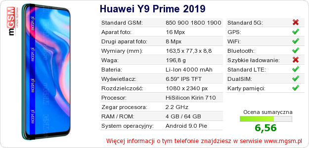 Dane telefonu Huawei Y9 Prime 2019