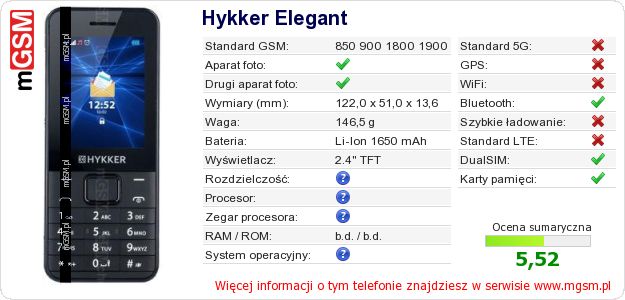 Dane telefonu Hykker Elegant