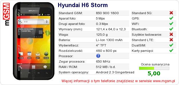 Dane telefonu Hyundai H6 Storm