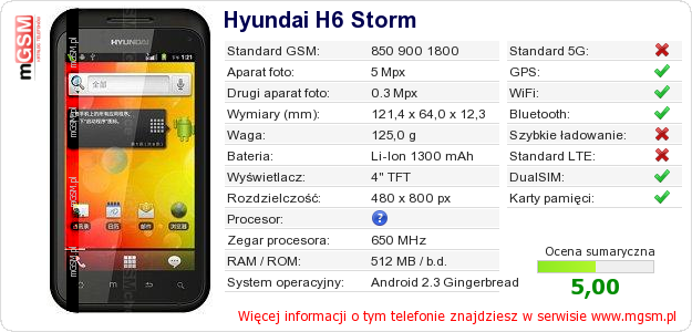 Dane telefonu Hyundai H6 Storm Dane telefonu Hyundai H6 Storm