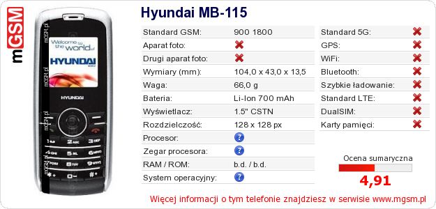 Dane telefonu Hyundai MB-115 Dane telefonu Hyundai MB-115