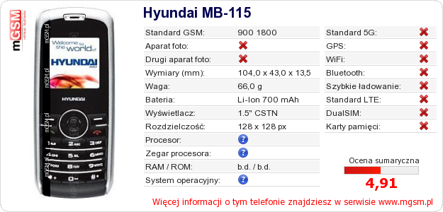 Dane telefonu Hyundai MB-115