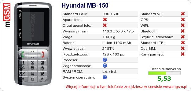 Dane telefonu Hyundai MB-150 Dane telefonu Hyundai MB-150
