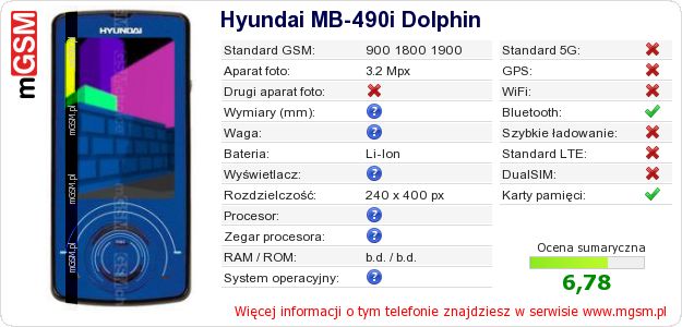 Dane telefonu Hyundai MB-490i Dolphin Dane telefonu Hyundai MB-490i Dolphin