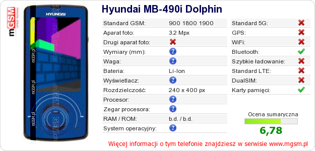 Dane telefonu Hyundai MB-490i Dolphin