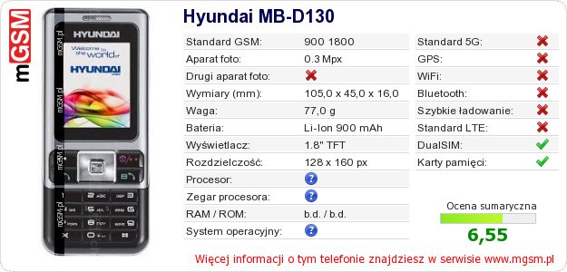 Dane telefonu Hyundai MB-D130 Dane telefonu Hyundai MB-D130