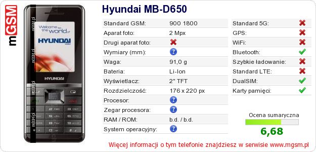 Dane telefonu Hyundai MB-D650