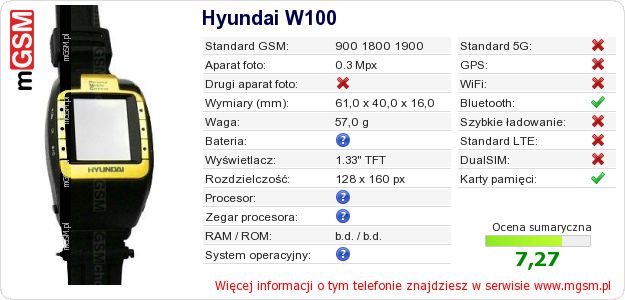 Dane telefonu Hyundai W100