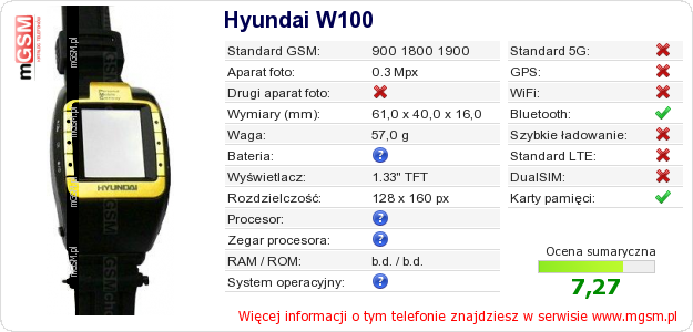 Dane telefonu Hyundai W100