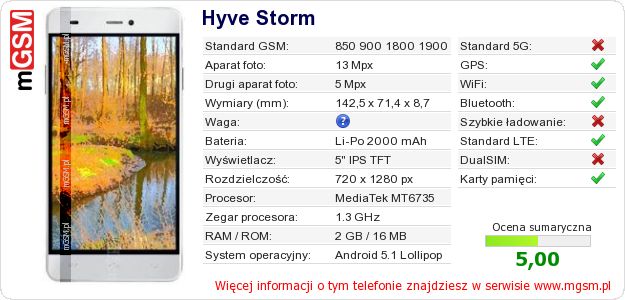 Dane telefonu Hyve Storm Dane telefonu Hyve Storm