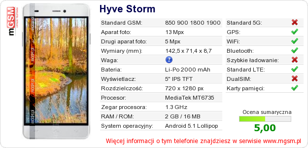 Dane telefonu Hyve Storm