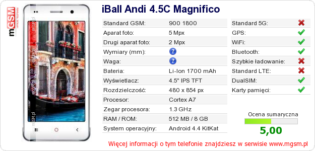Dane telefonu iBall Andi 4.5C Magnifico