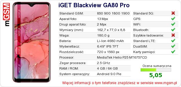 Dane telefonu iGET Blackview GA80 Pro Dane telefonu iGET Blackview GA80 Pro