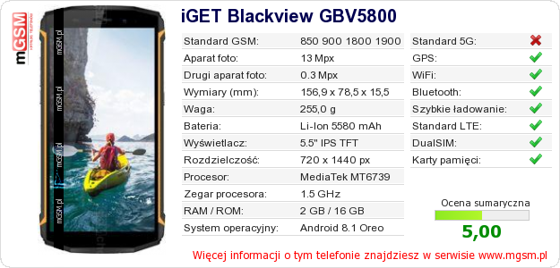 Dane telefonu iGET Blackview GBV5800